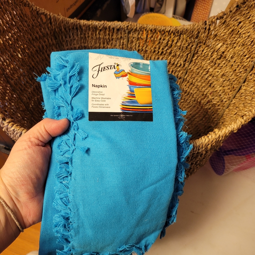 6 fiesta blue peacock fringe fabric napkins